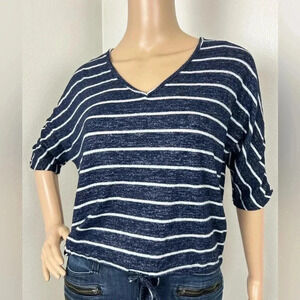 Modern Attraction Soft Knit Stripe V Neck Pullover Top Women Sz S Dark Blue EUC